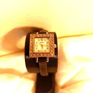 Fossil black leather strap rhinestone face